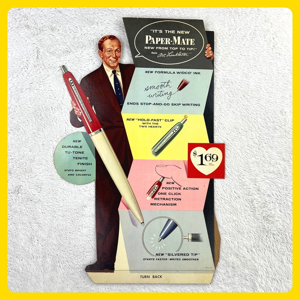 1950s Paper Mate Pen Vintage Advertising Sign 26" Cardboard Easel Art Linkletter